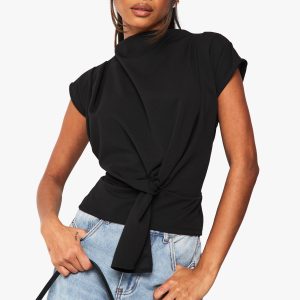 Crepe Knot Cowl Neck Blouse