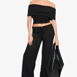 Rib Foldover Bardot Top And Straight Leg Trouser Set