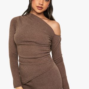 Rib Asym Neckline Ruched Long Sleeve Top