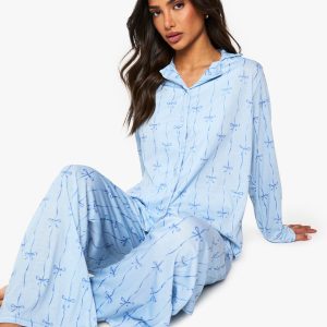 Petite Bow Print Long Sleeve Shirt & Trousers Pyjama Set