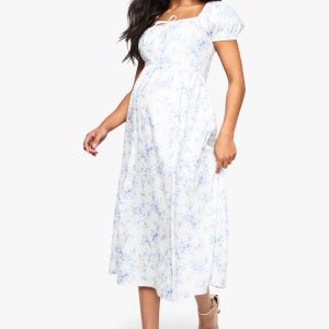 Maternity Bengaline Puff Sleeve Porcelain Print Milkmaid Midi Dress