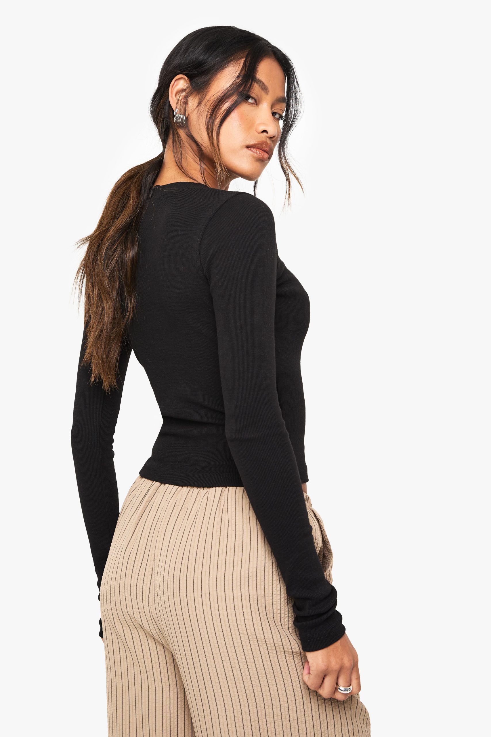 Popper Front Rib Long Sleeve Top - Image 2