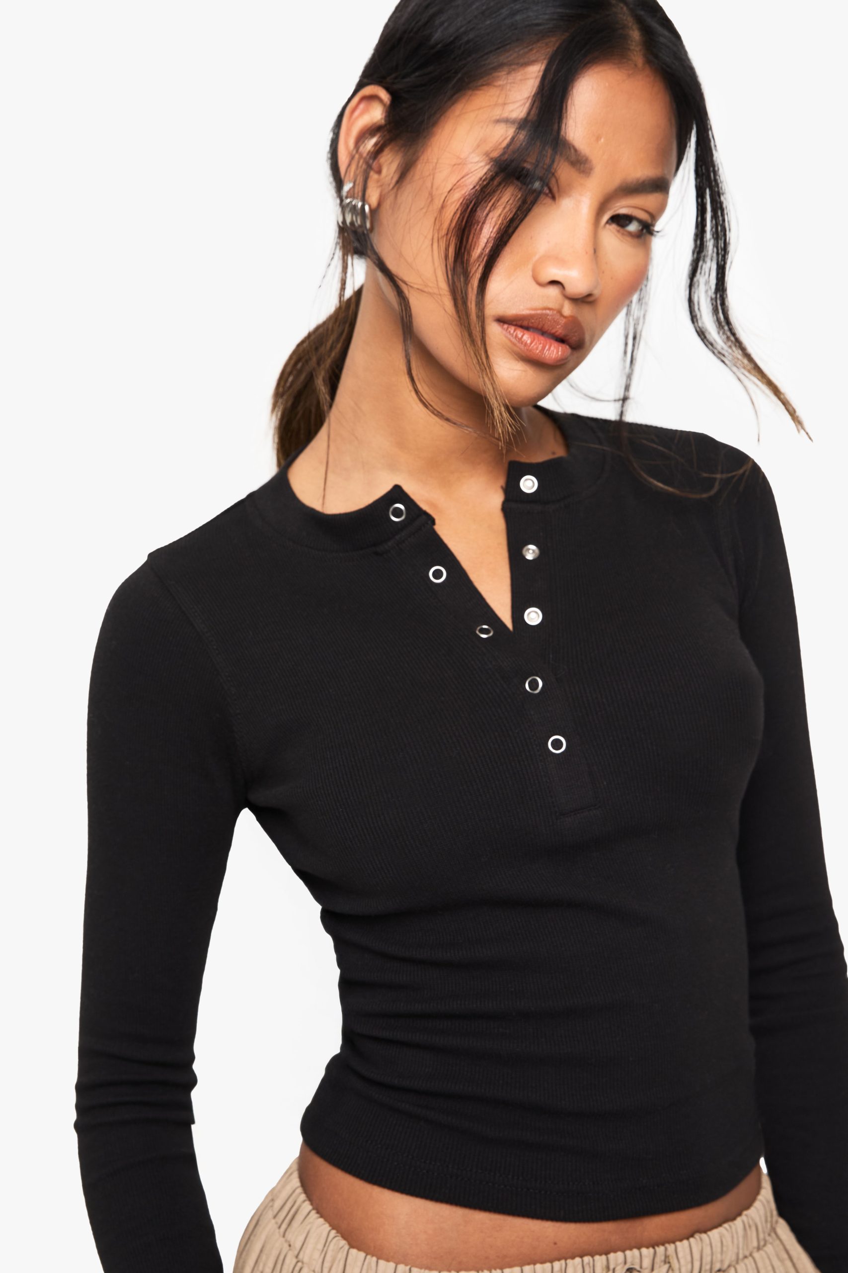 Popper Front Rib Long Sleeve Top - Image 4