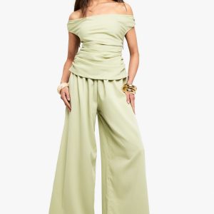 Linen Look Bardot Wide Leg Jumpsuit