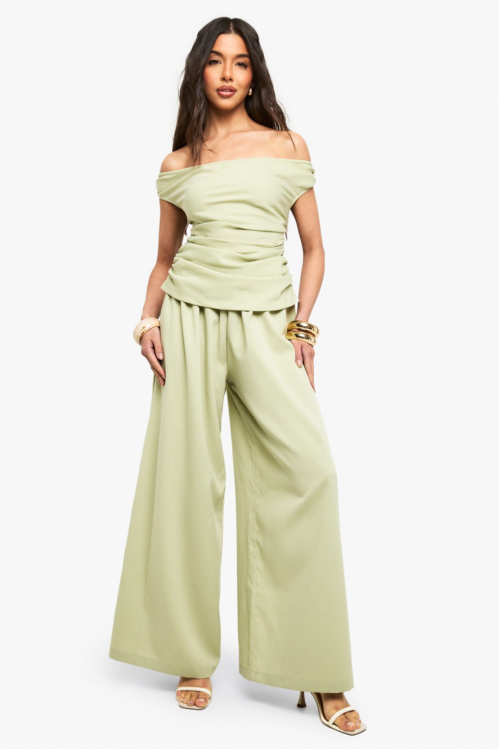 Linen Look Bardot Wide Leg Jumpsuit