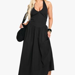 Cotton Poplin Halter Neck Midi Dress