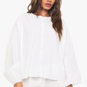 Cotton Poplin Collarless Blouse