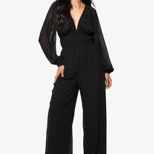 Chiffon V Neck Ruched Wide Leg Jumpsuit