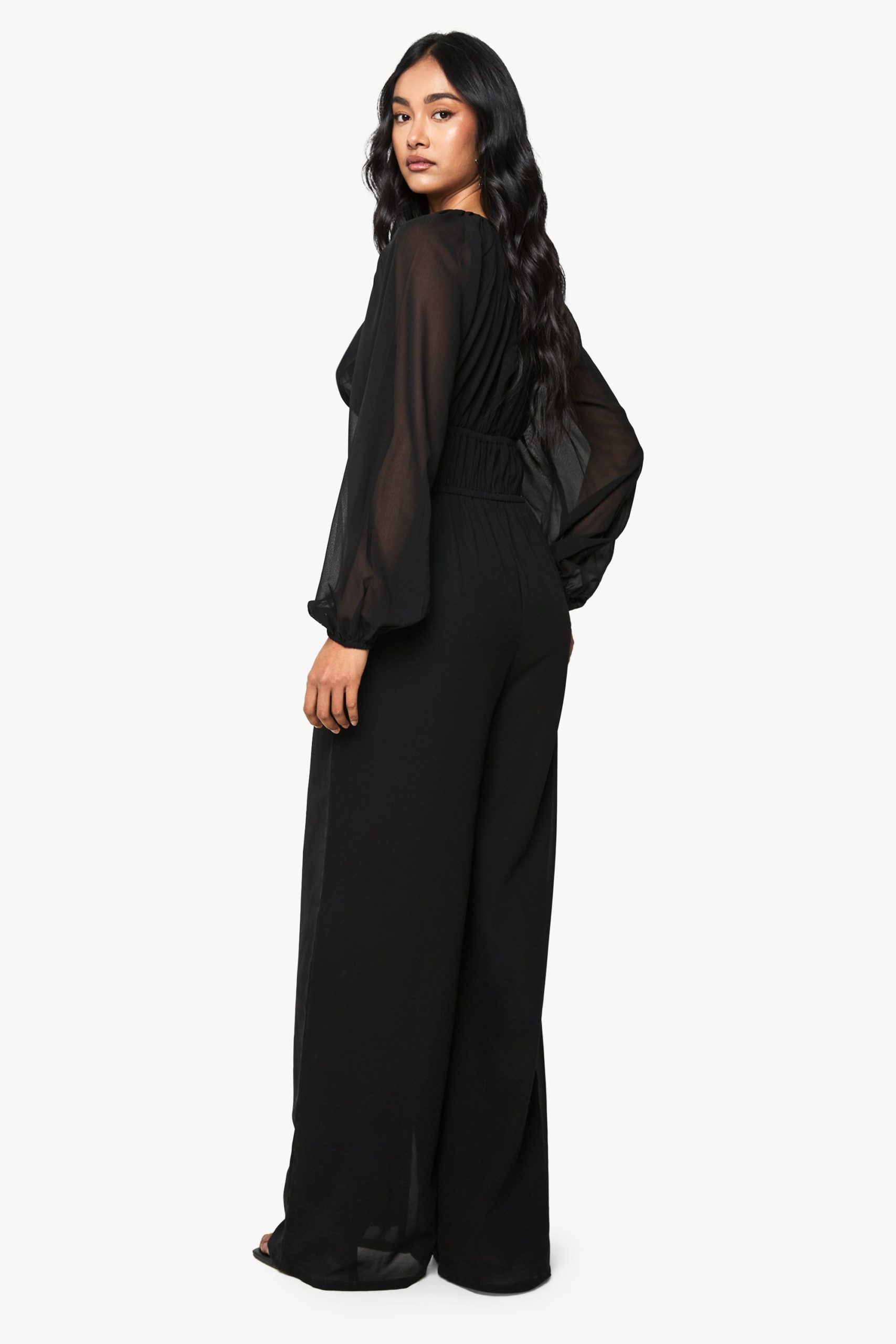 Chiffon V Neck Ruched Wide Leg Jumpsuit - Image 2
