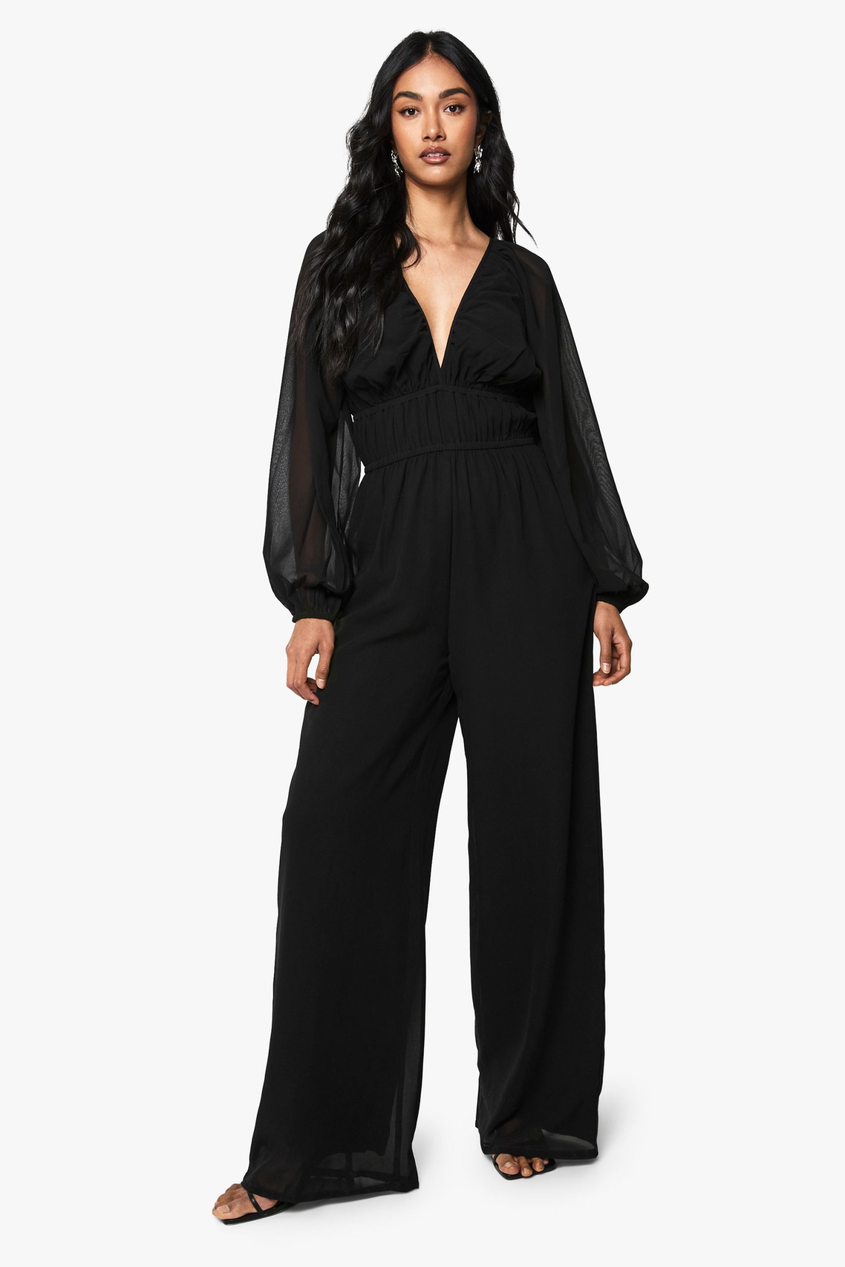 Chiffon V Neck Ruched Wide Leg Jumpsuit - Image 3