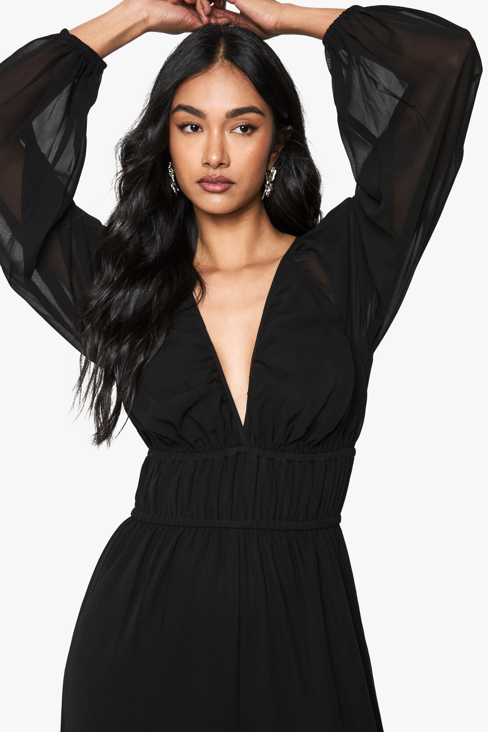 Chiffon V Neck Ruched Wide Leg Jumpsuit - Image 4