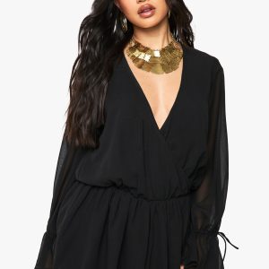 Chiffon Long Sleeve V Neck Playsuit