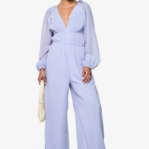 Chiffon V Neck Ruched Wide Leg Jumpsuit