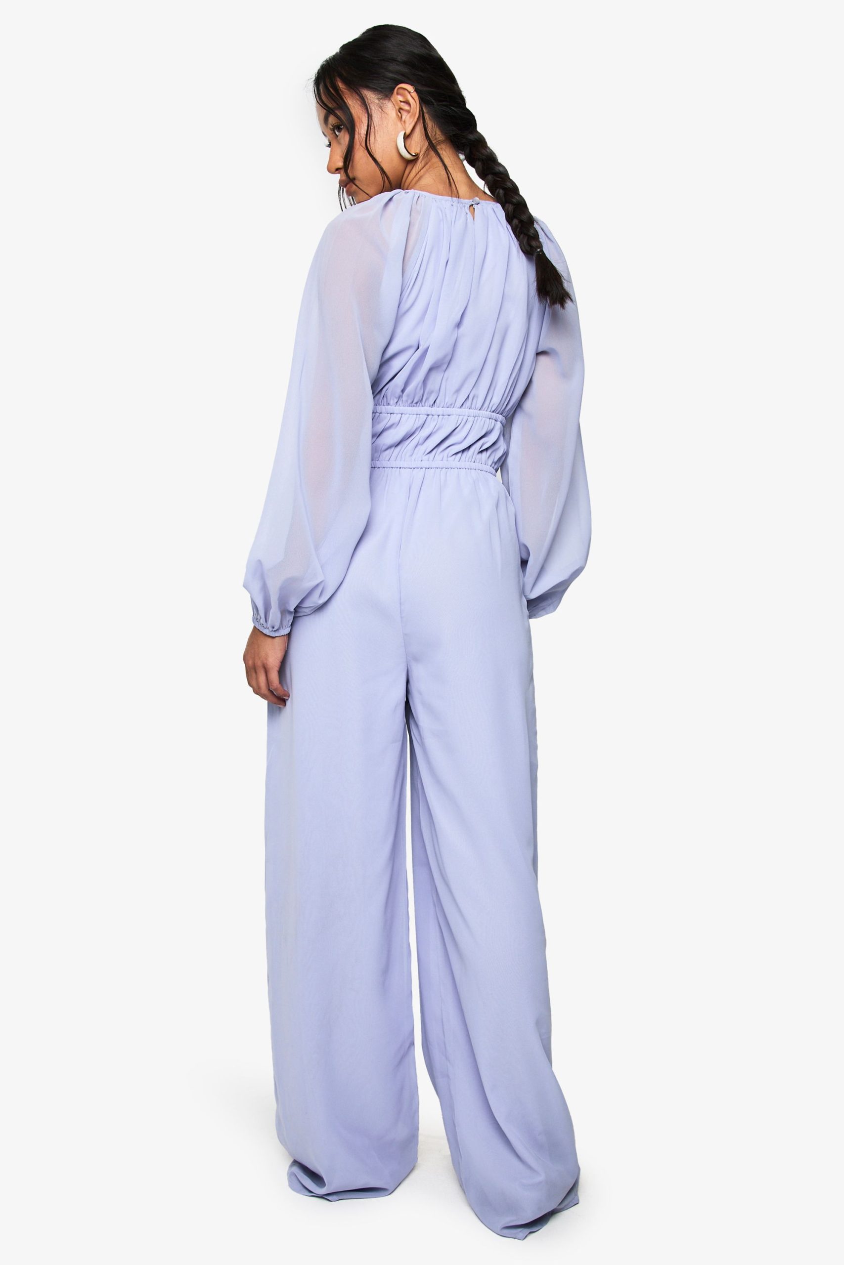 Chiffon V Neck Ruched Wide Leg Jumpsuit - Image 2
