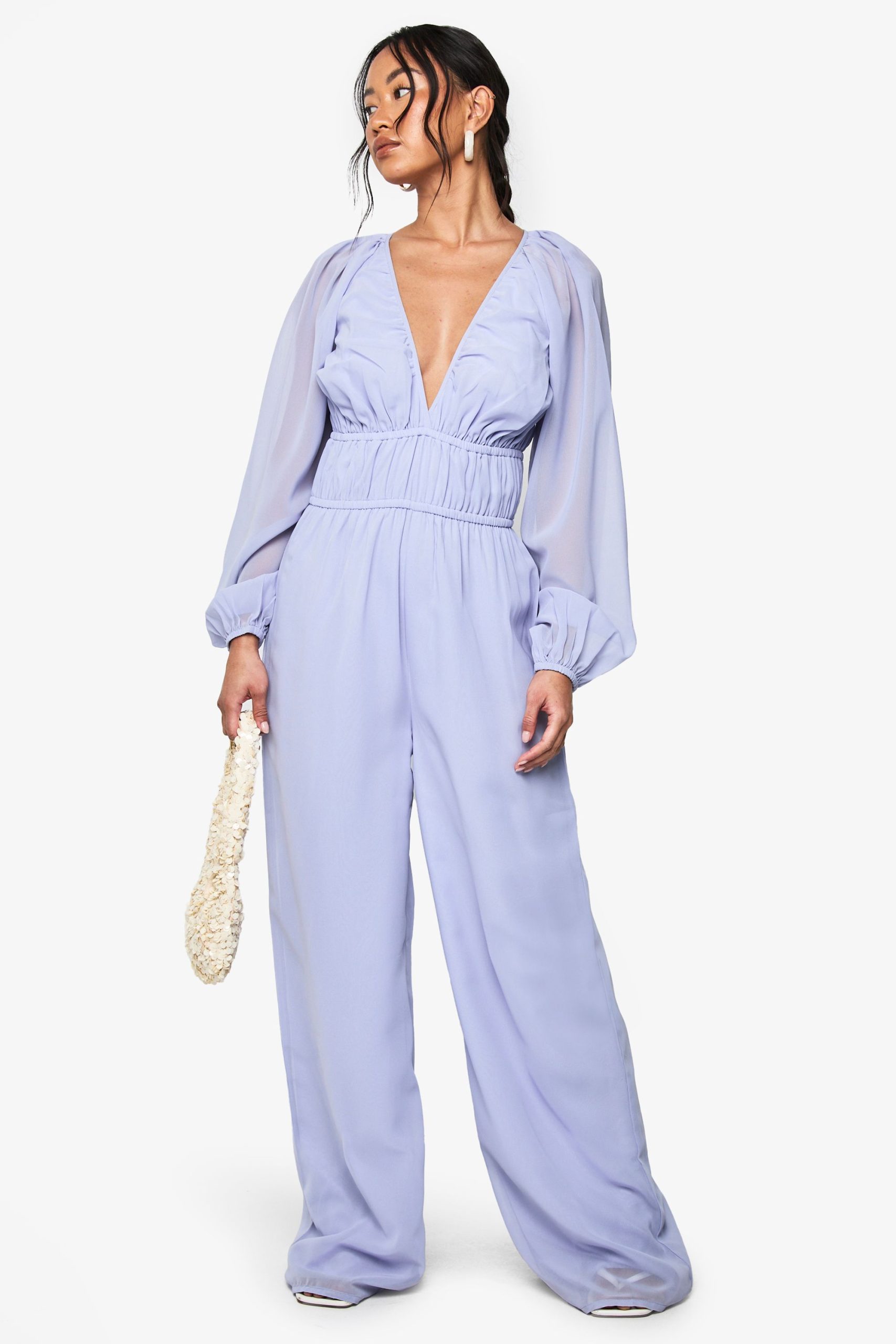 Chiffon V Neck Ruched Wide Leg Jumpsuit - Image 3