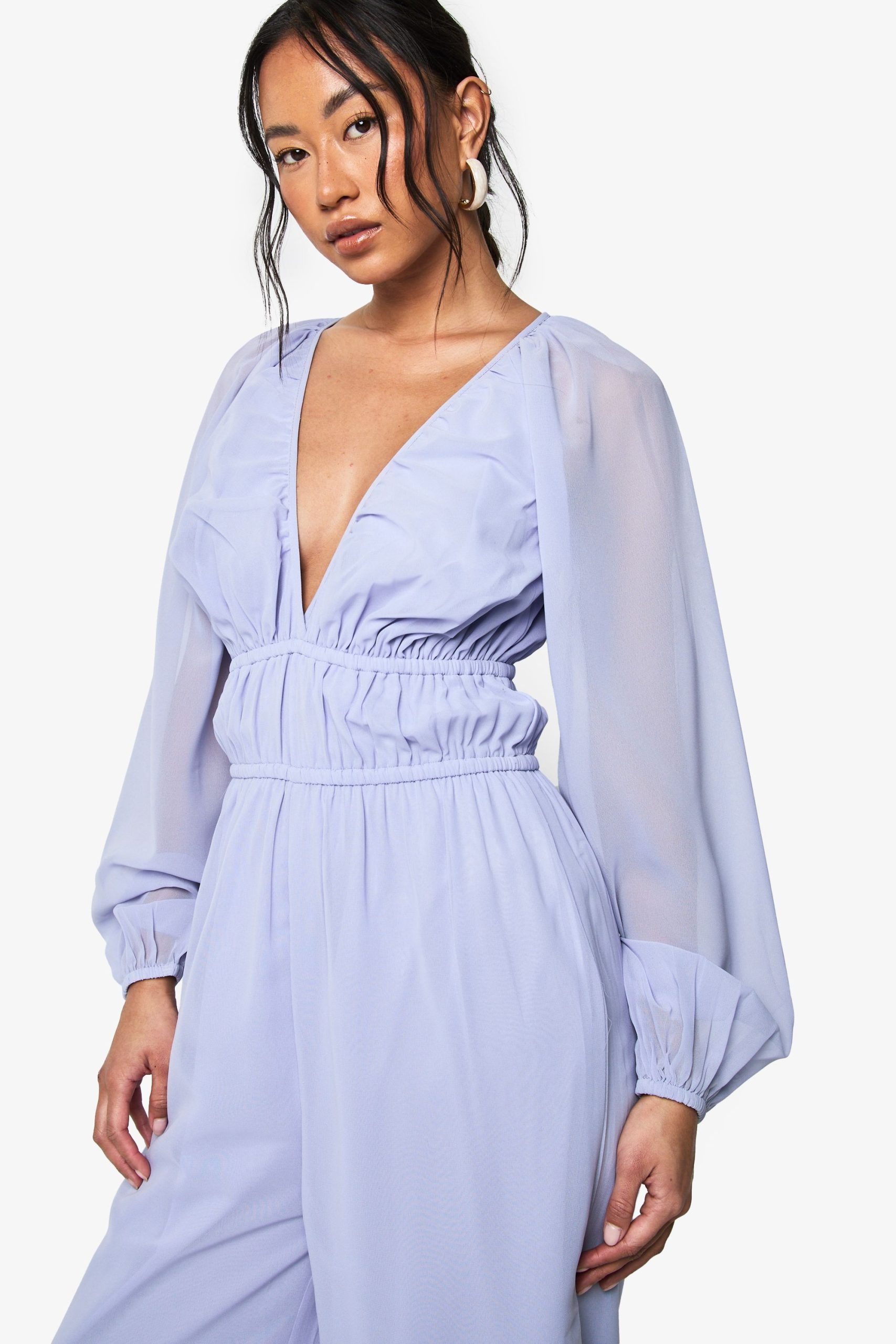 Chiffon V Neck Ruched Wide Leg Jumpsuit - Image 4