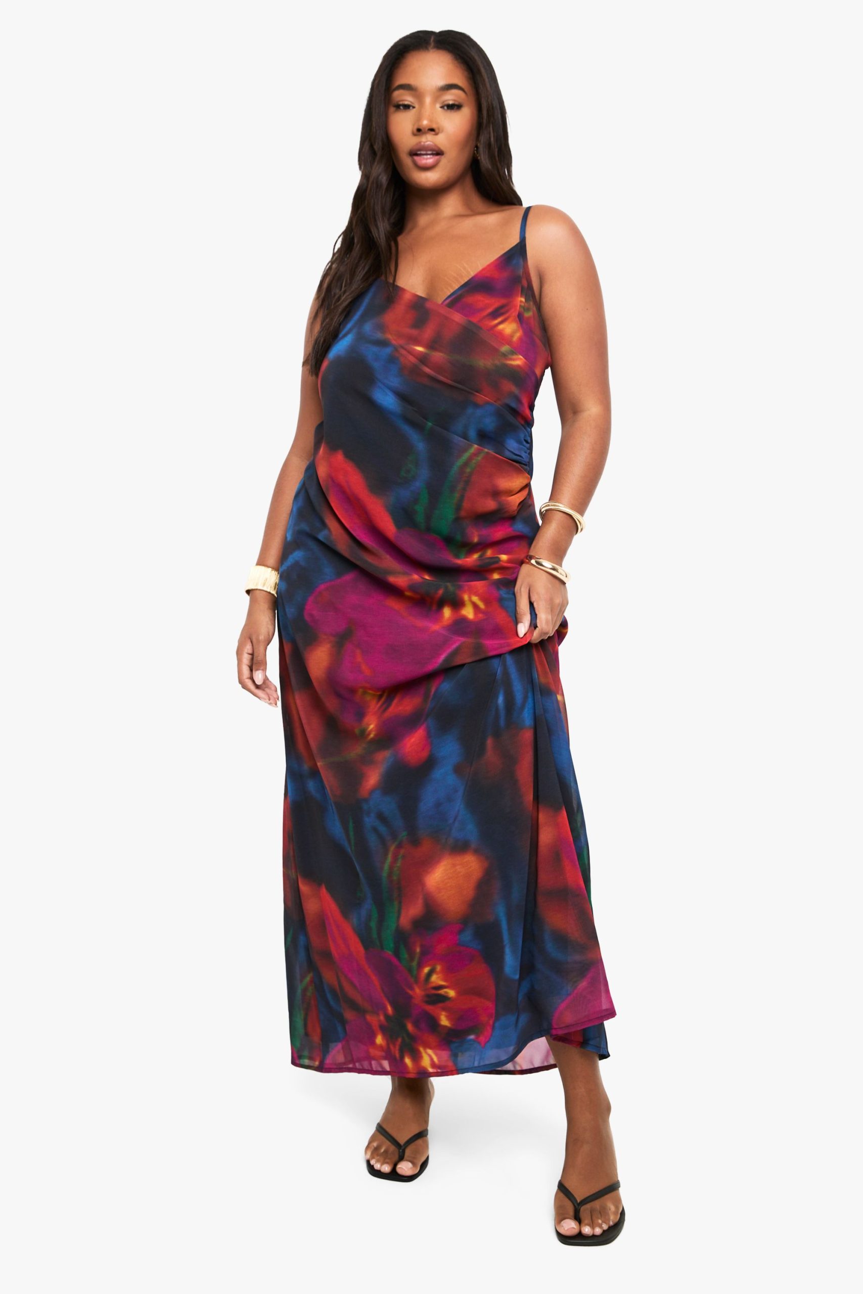 Plus Printed Chiffon Wrap Maxi Dress