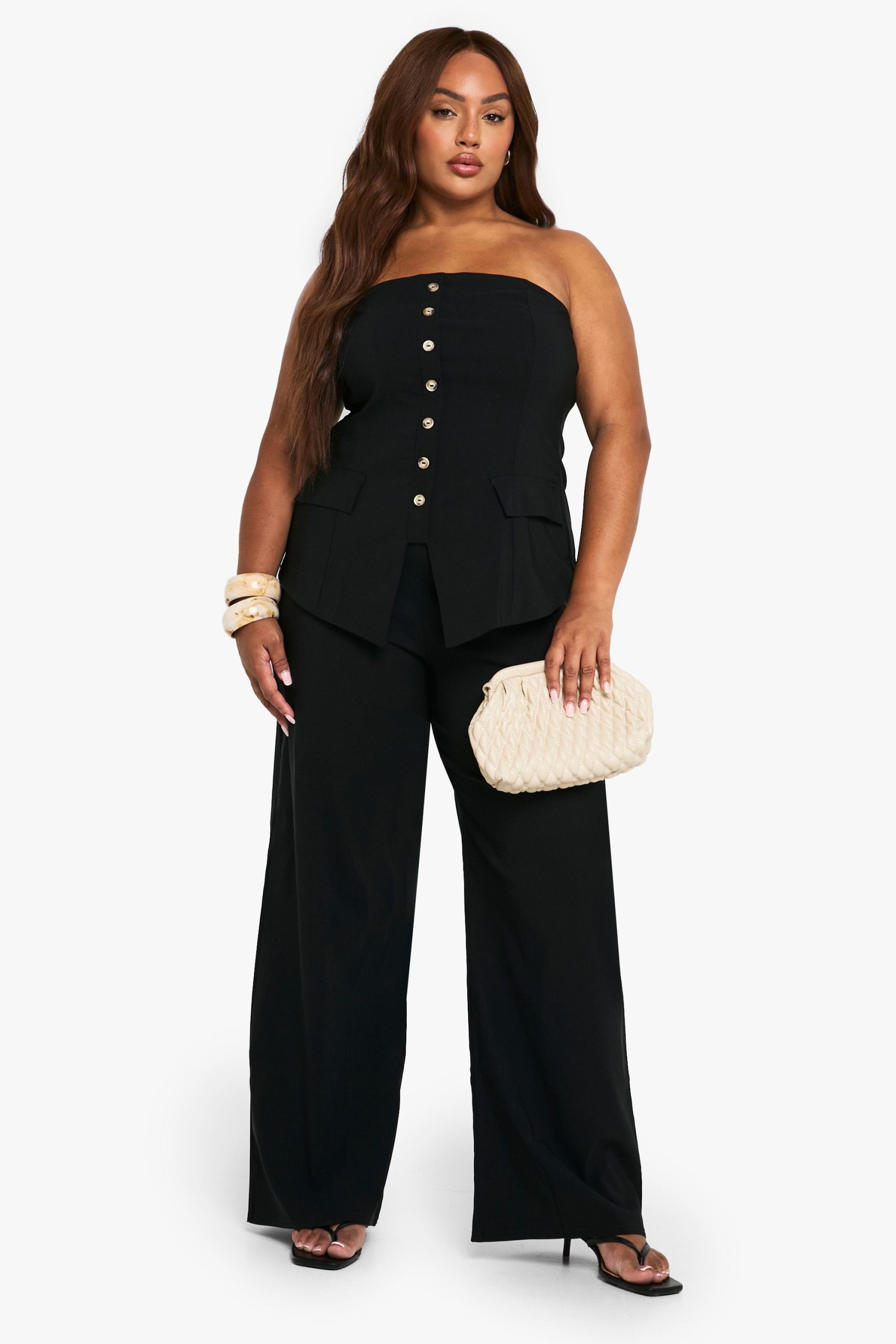 Plus Super Stretch Bandeau Longline Waistcoat & Wide Leg Trousers