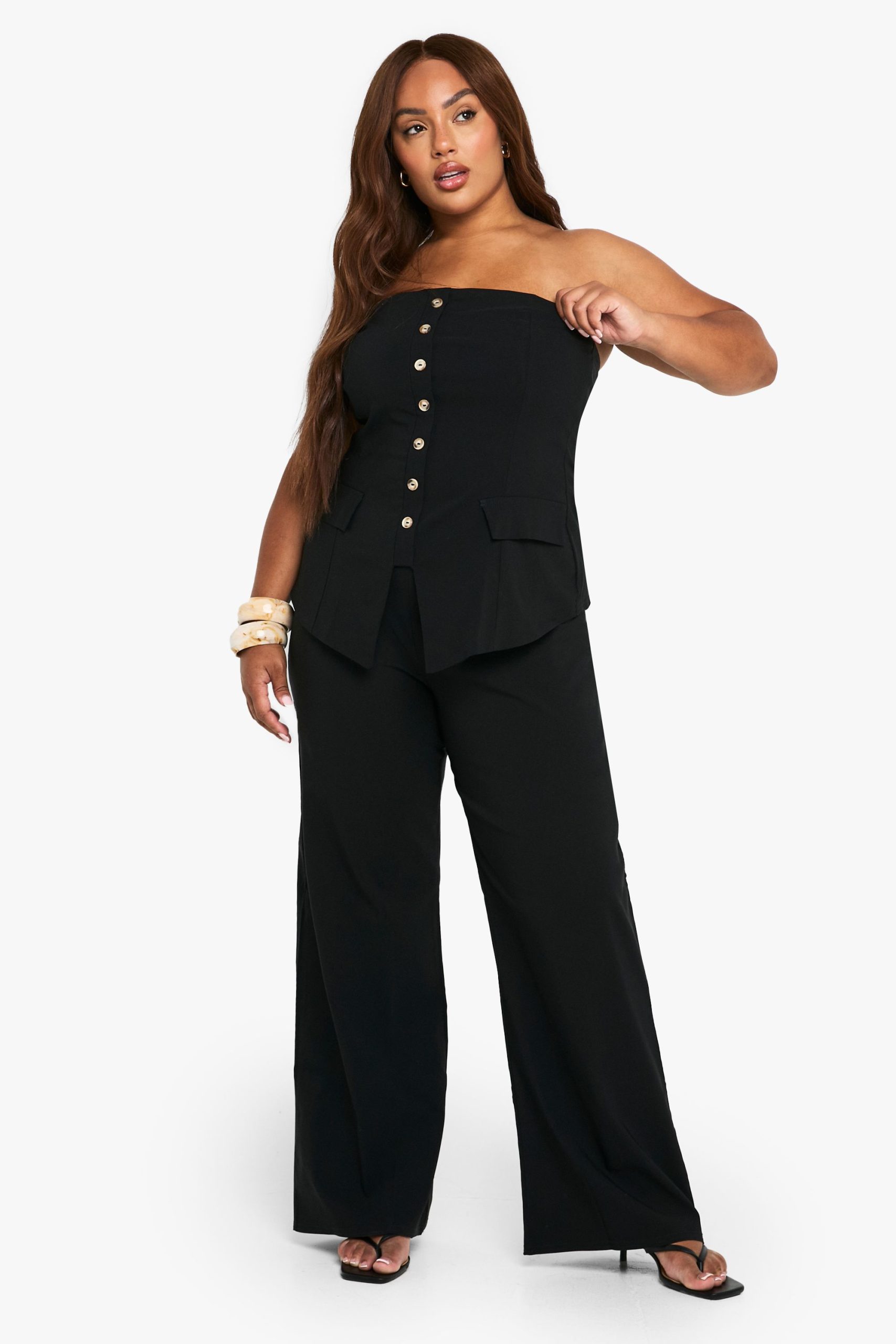 Plus Super Stretch Bandeau Longline Waistcoat & Wide Leg Trousers - Image 3