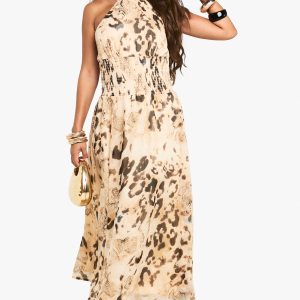 Leopard Chiffon Shirred Halterneck Midaxi Dress