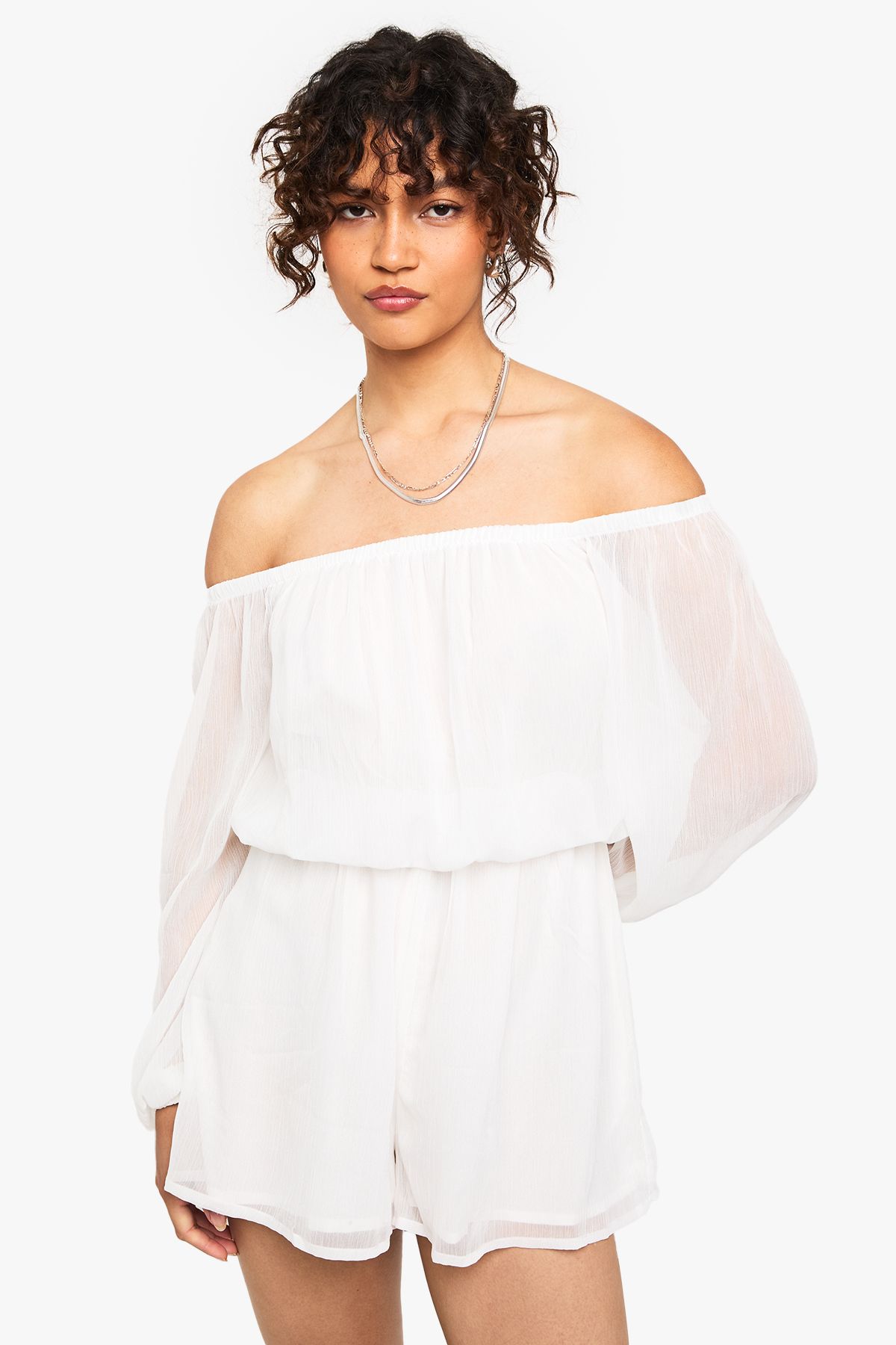 Chiffon Bardot Sleeve Aymmstric Playsuit