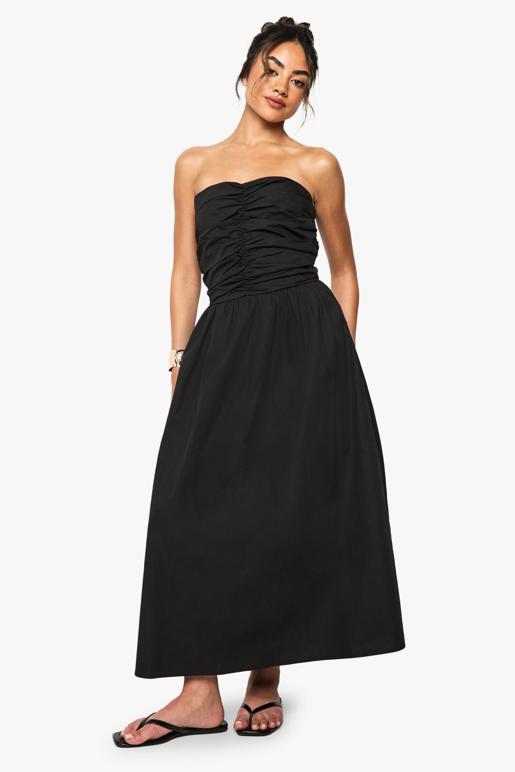 Cotton Poplin Ruched Detail Midi Dress