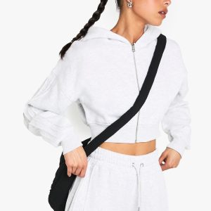 Seam Detail Boxy Crop Zip Through Hoodie