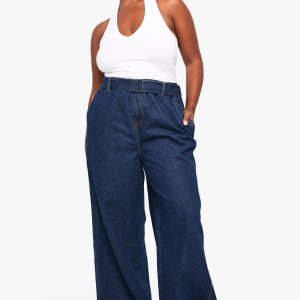 Plus Buckle Belt Elasticated Back Wide Leg Denim Jean