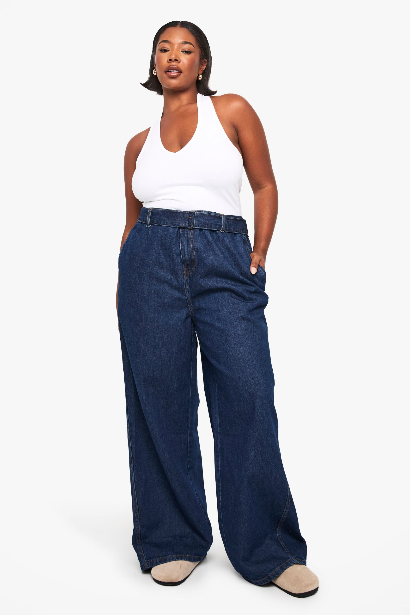 Plus Buckle Belt Elasticated Back Wide Leg Denim Jean