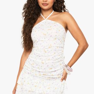 Ditsy Floral Ruched Halterneck Mini Dress