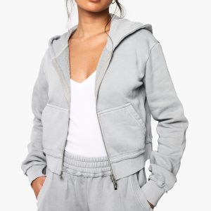 Washed Exposed Seam Shrunken Zip Through Hoodie