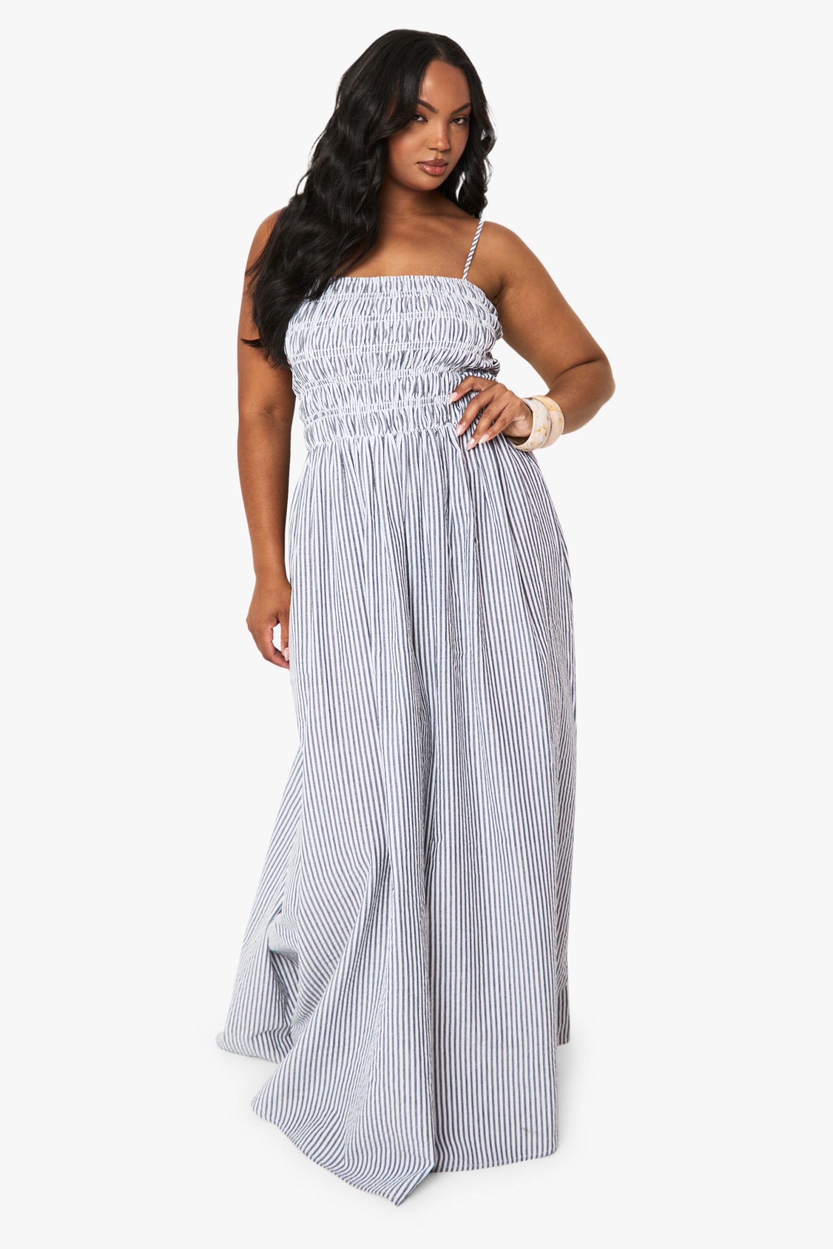 PLUS STRIPE SHIRRED strappy maxi dress