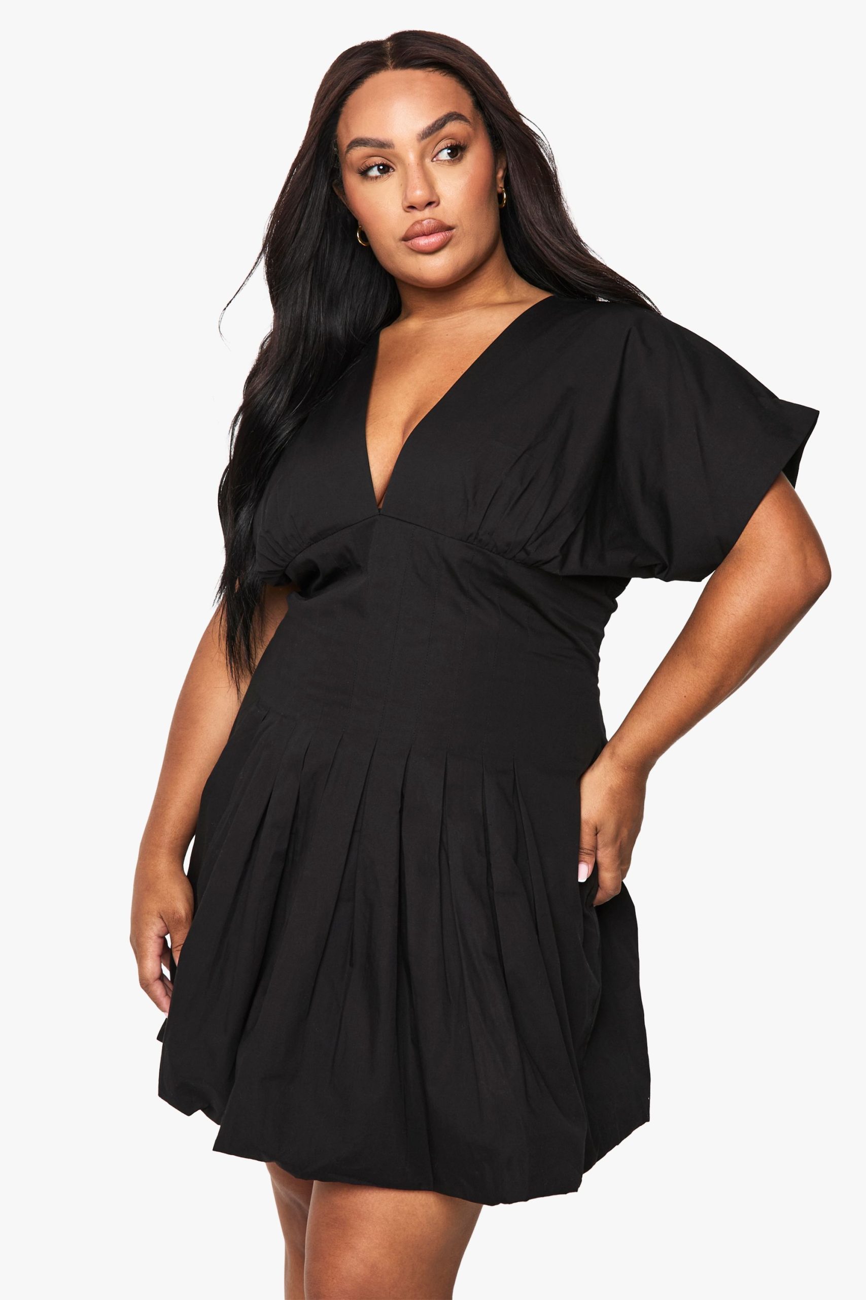 Plus Poplin Panelled Bubble Hem Mini Dress