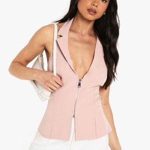 Woven Halterneck Zip Through Waistcoat