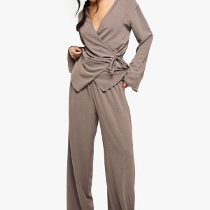Woven Elastic Waist Wide Leg Trousers