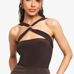 Slinky Cross Over Bodysuit With Trim Detail