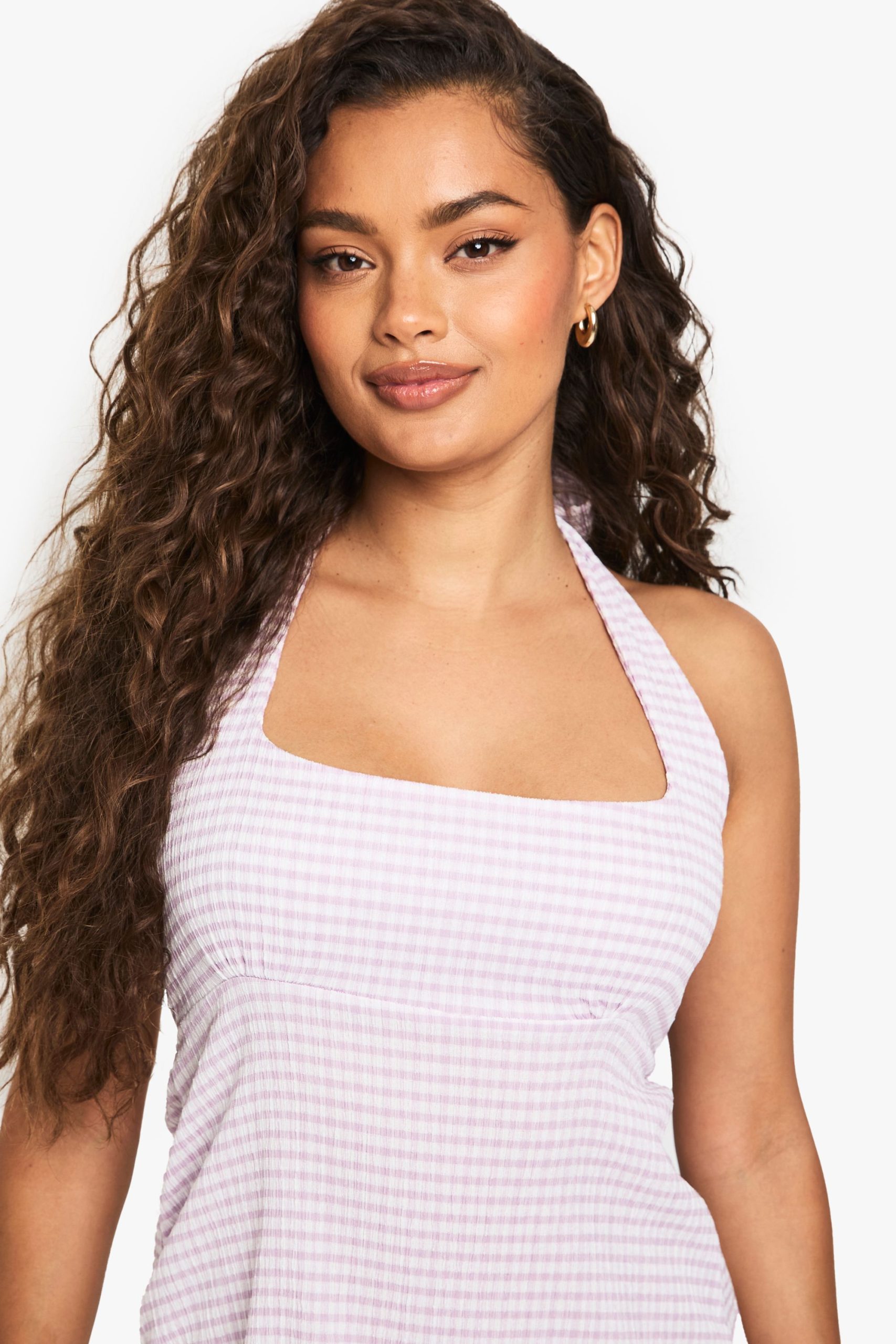 Textured Gingham Halterneck Swing Mini Dress - Image 4