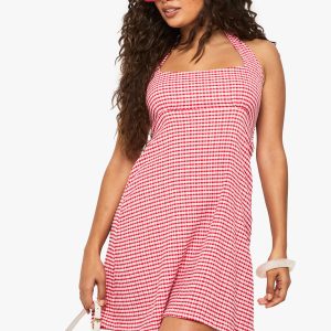 Textured Gingham Halterneck Swing Mini Dress