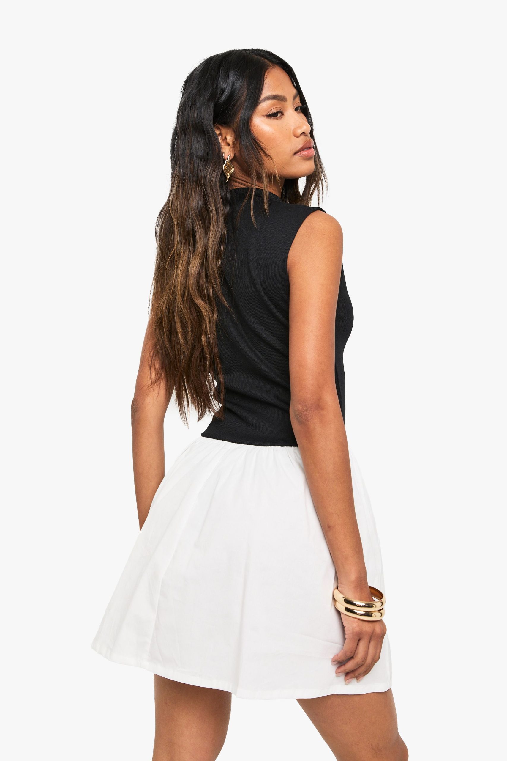 Jersey Rib Contrast Cotton Mix High Neck Mini Dress - Image 2