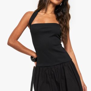 Jersey Rib Cotton Mix Halterneck Mini Dress