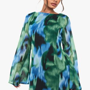 Abstract Printed Chiffon Flare Sleeve Mini Dress