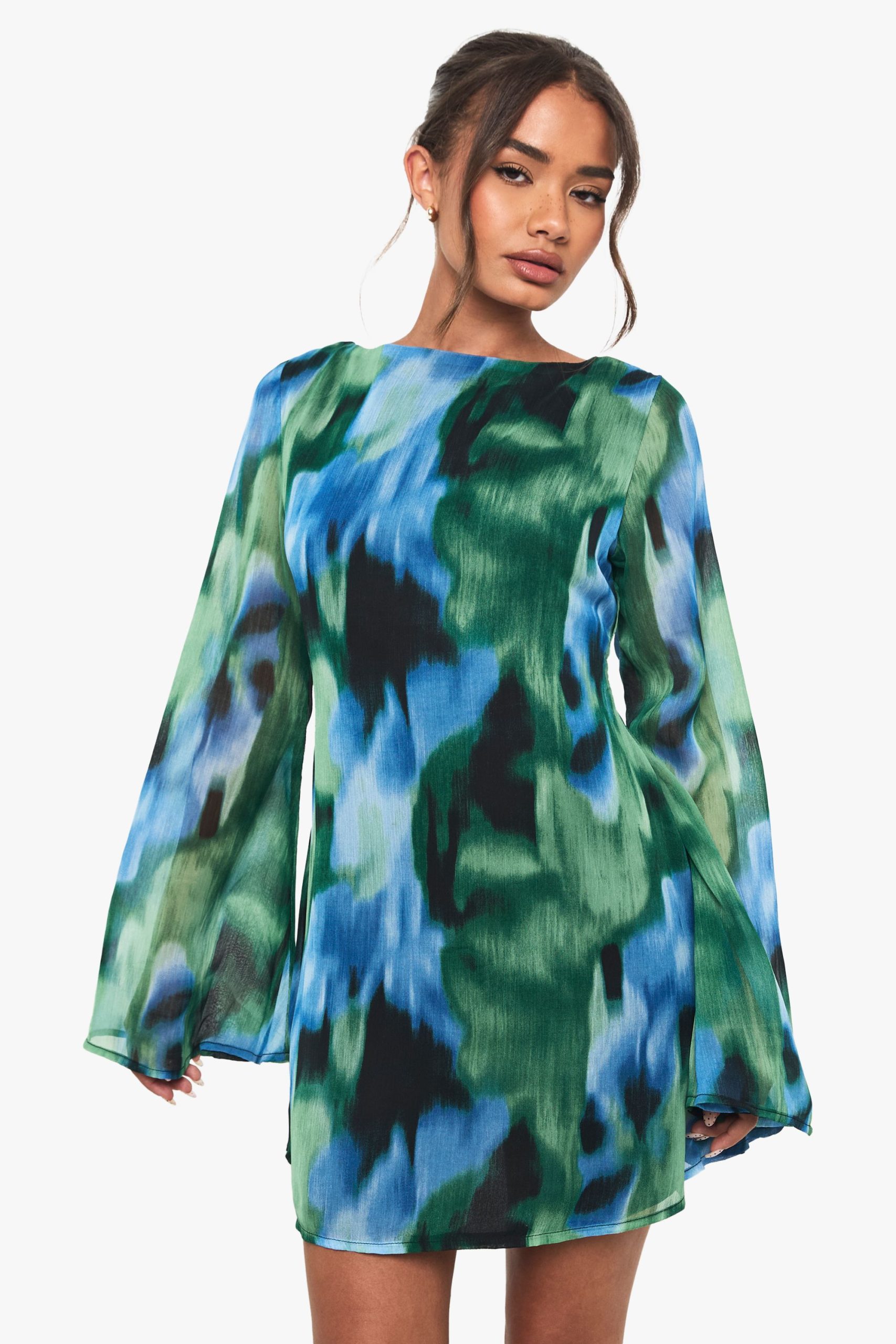 Abstract Printed Chiffon Flare Sleeve Mini Dress