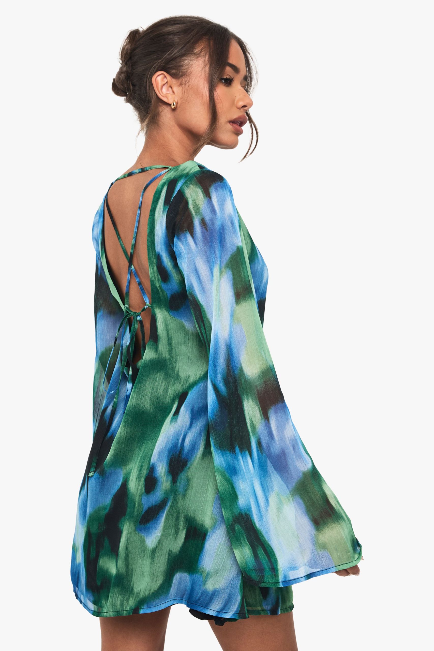 Abstract Printed Chiffon Flare Sleeve Mini Dress - Image 2