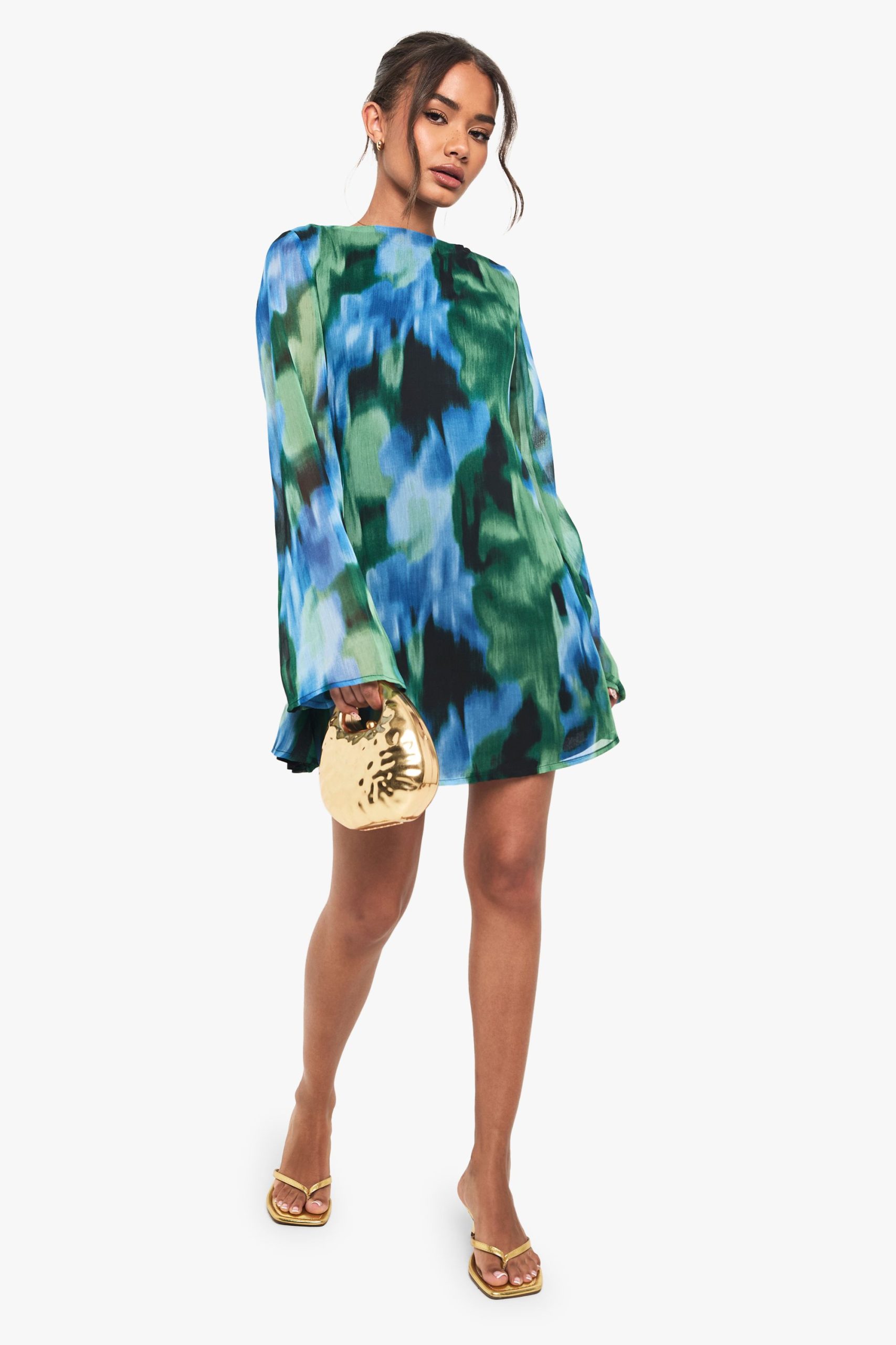 Abstract Printed Chiffon Flare Sleeve Mini Dress - Image 3