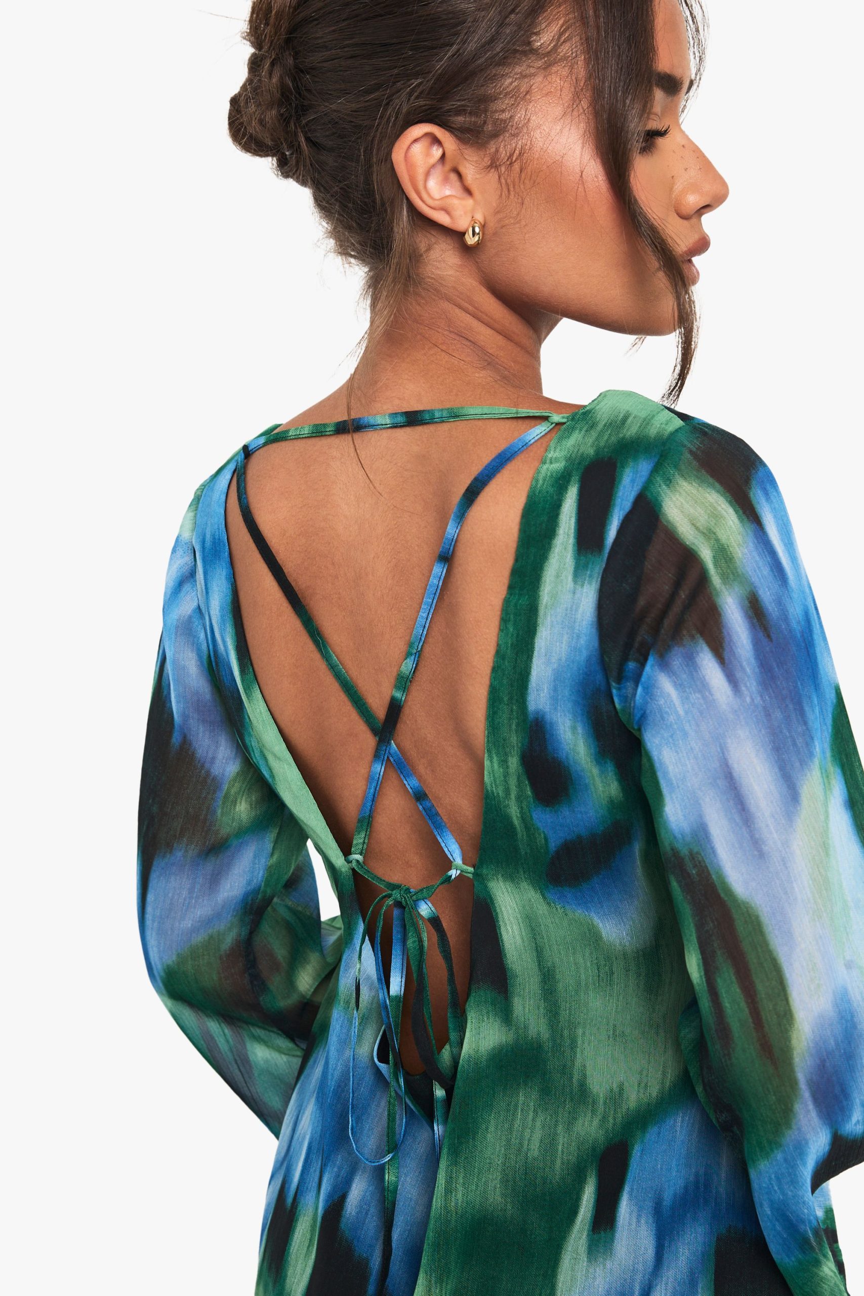 Abstract Printed Chiffon Flare Sleeve Mini Dress - Image 4