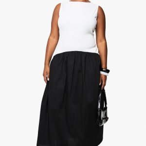 Plus curved waist contrast fabric midaxi dress
