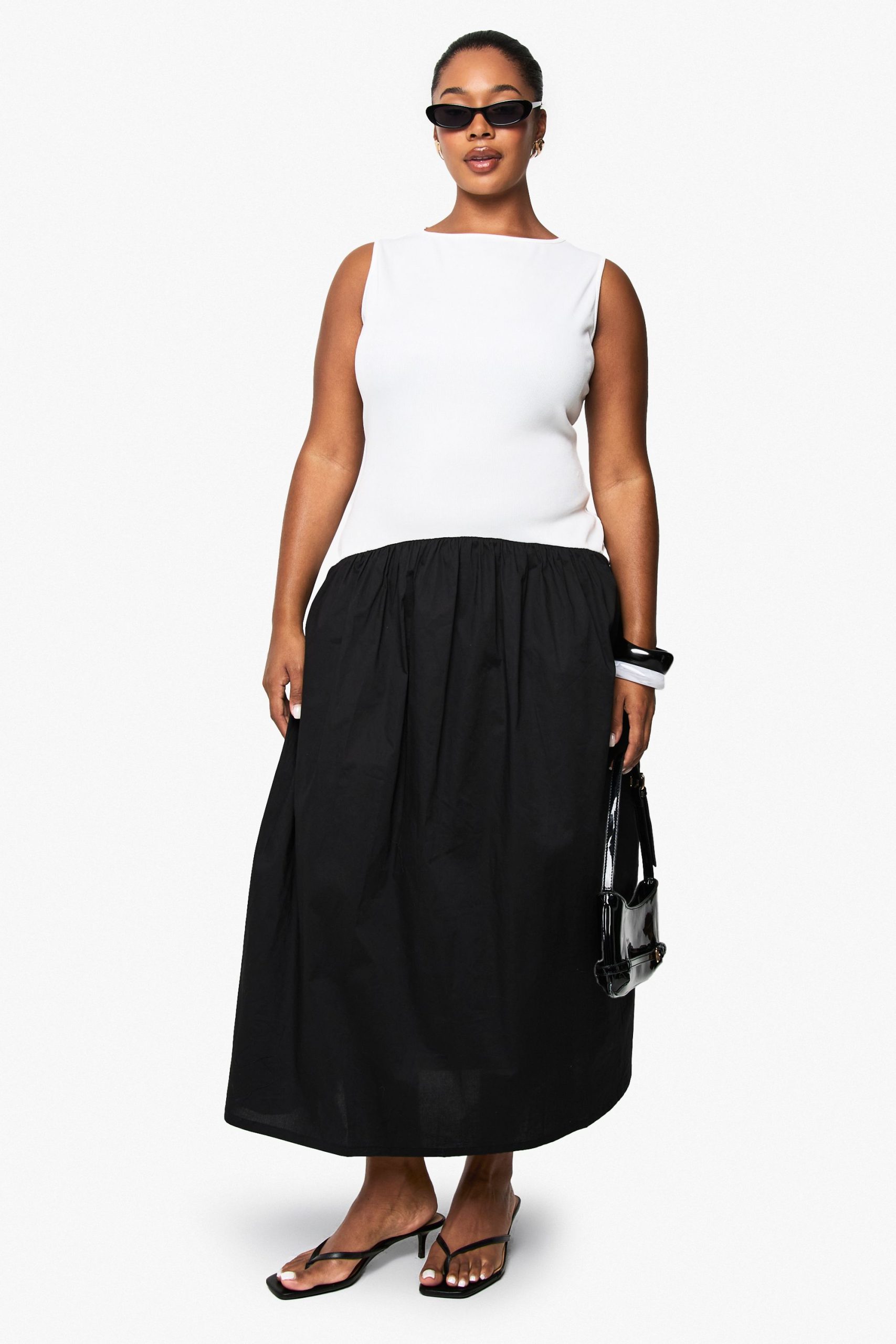 Plus curved waist contrast fabric midaxi dress