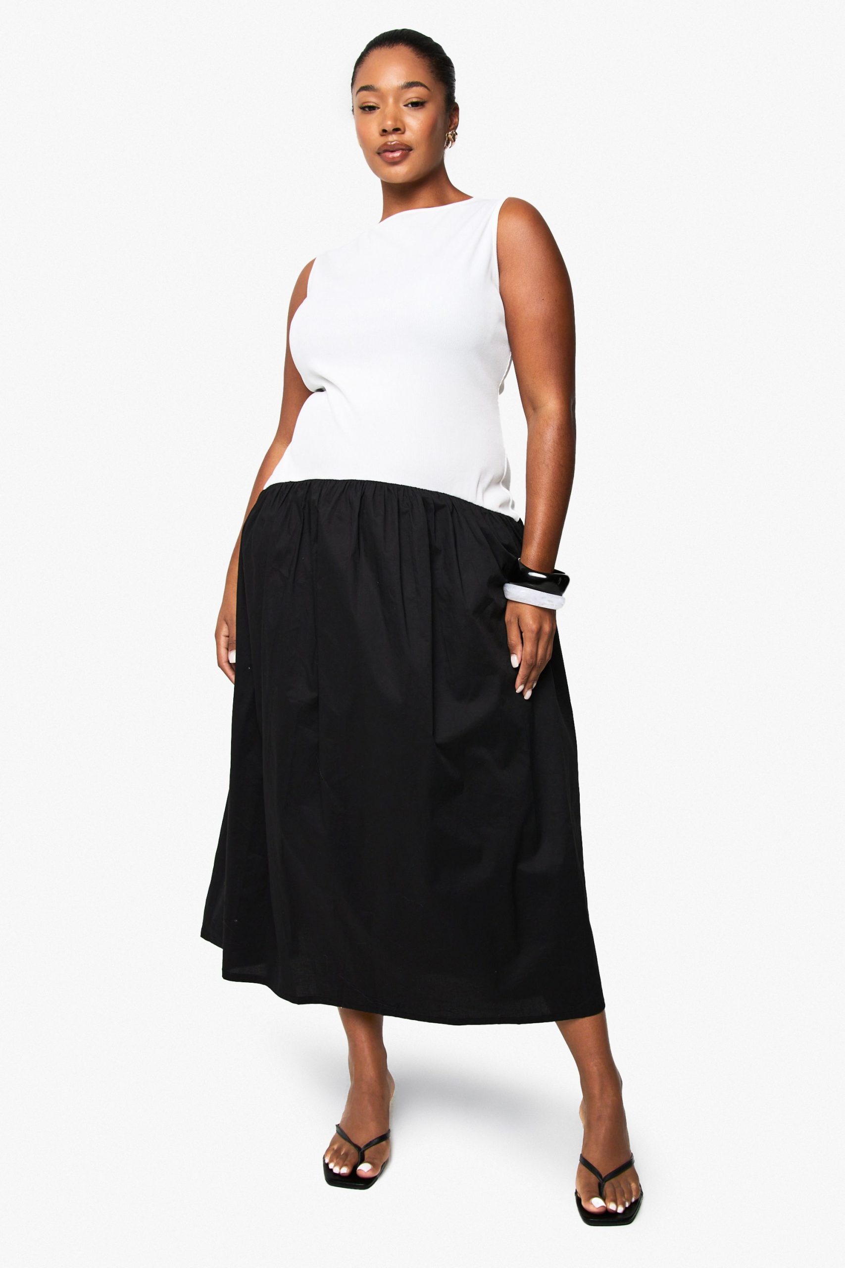 Plus curved waist contrast fabric midaxi dress - Image 3