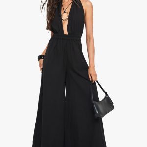 Linen Look Halterneck Plunge Jumpsuit