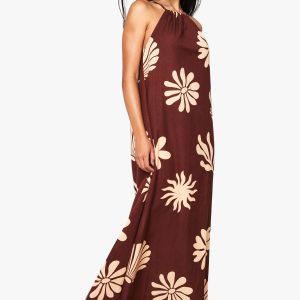 Halterneck Tie Shell Printed Linen Look Maxi Dress
